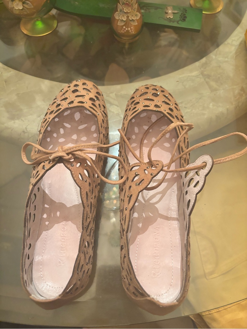 Women’s Laser-Cut Lace-Up Ballet Flats in Tan
